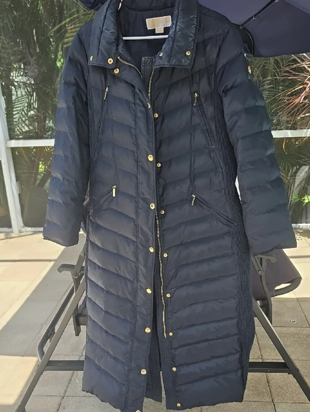 Michael Kors Navy Quilted Long Puffer Coat with Faux Fur Hood Trim